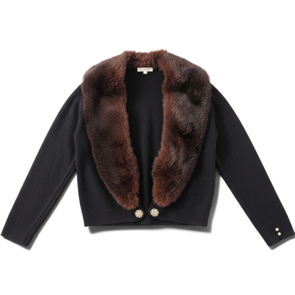 Vintage 50s Turbo Cardigan Mink Fur Collar Old Money Retro Ornate Button Black